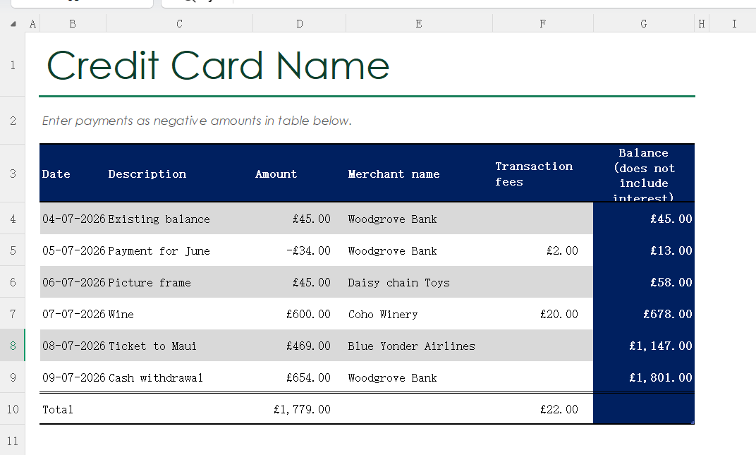 Credit Card Manual Log