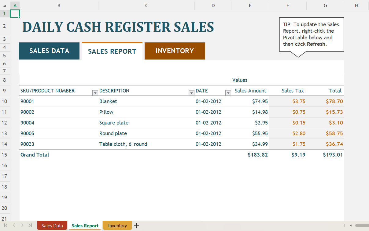Daily Cash Register Sales data tracking