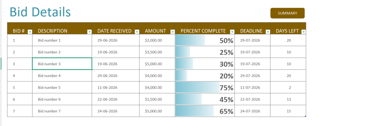 bid tracking sheet template