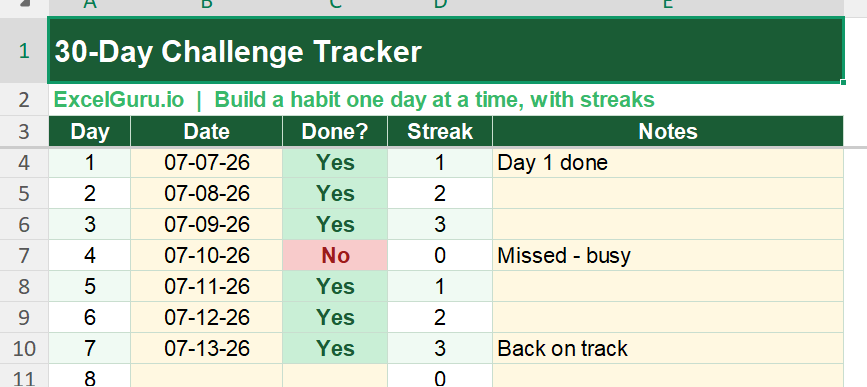 30 day challenge tracker in Excel
