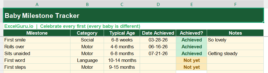 Baby Milestone Tracker in Excel