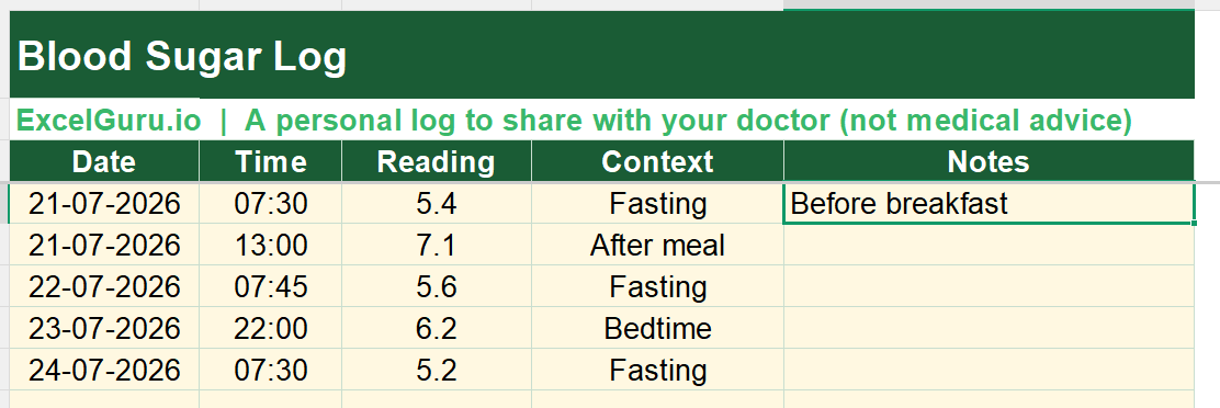 Blood Sugar Log in Excel