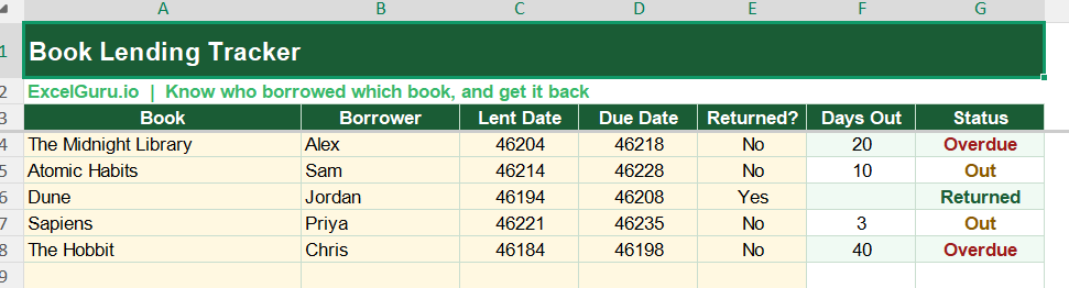 Book Lending Tracker In Excel Screenshot