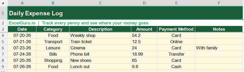 Daily Expense Log Excel Screenshot