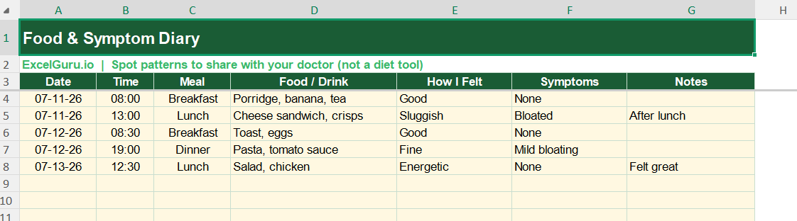 Food & Symptom Diary For Health In Excel