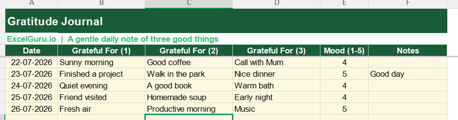 Gratitude Journal Excel Format