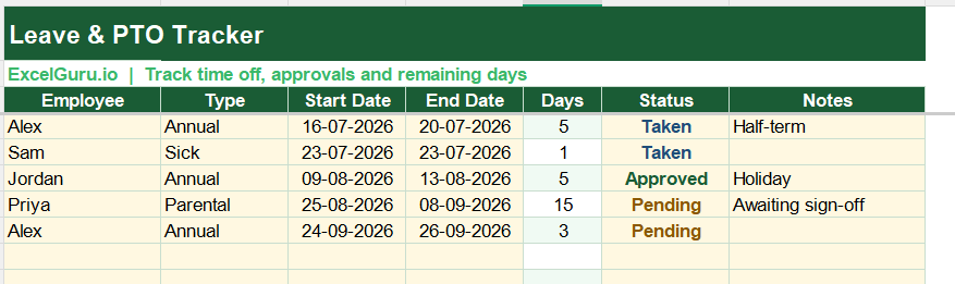 Leave & PTO Tracking in Excel