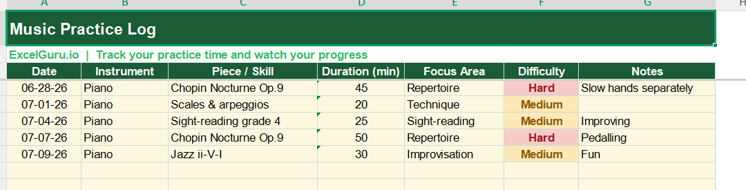 Music Practice Log Template Screenshot