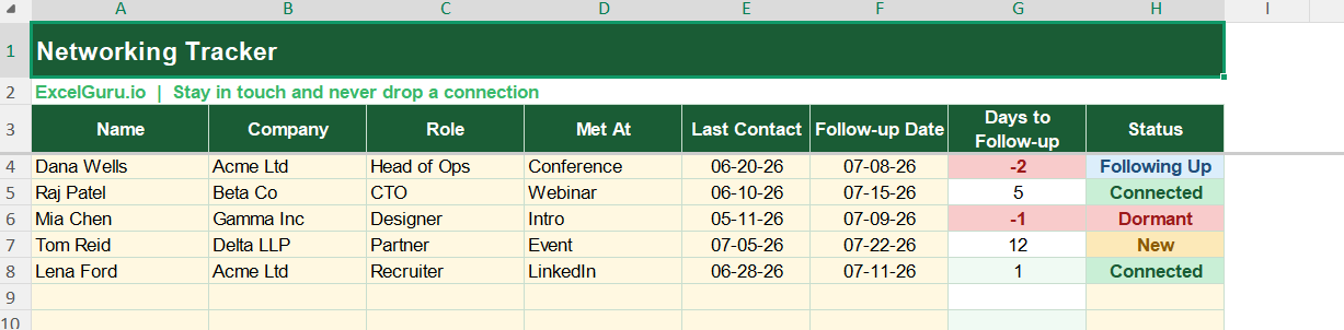 Networking Tracker Excel Template Screenshot