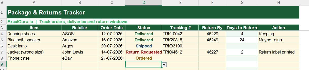 Packages and Returns Tracker Excel Format2