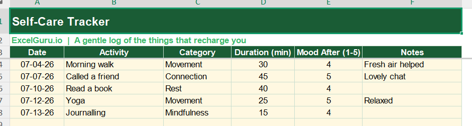 Self Care Tracker Excel Template