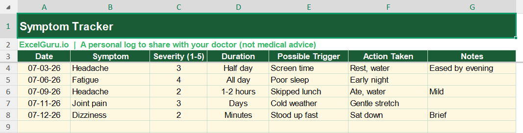 Symptom Log and Tracker Screenshot