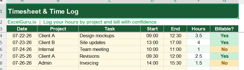 Timesheet and Time Logging Tracker in Excel
