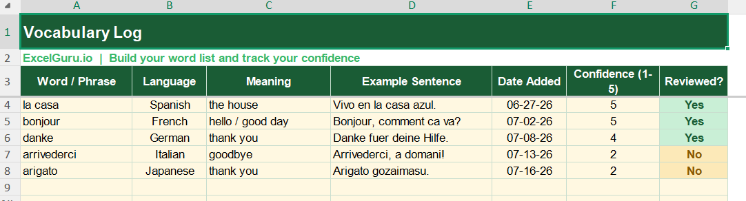 Vocabulary Log Excel Template Screenshot