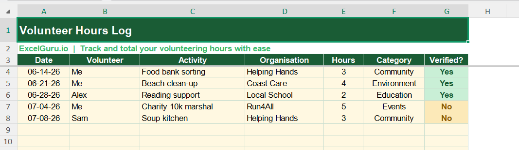 Volunteer Hours Log Tracker in Excel