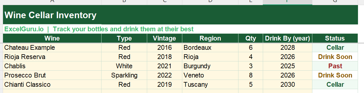 Wine Cellar Inventory Records in Excel