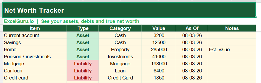 Net worth Tracker in Excel