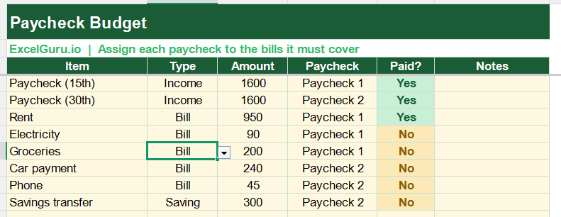 Pay check budgeting in Excel
