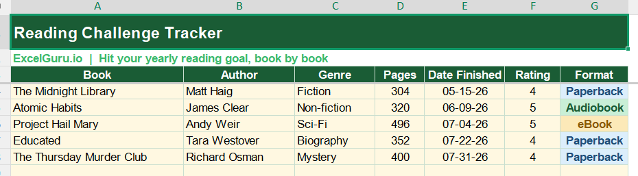 Reading Challenge Tracker in Excel
