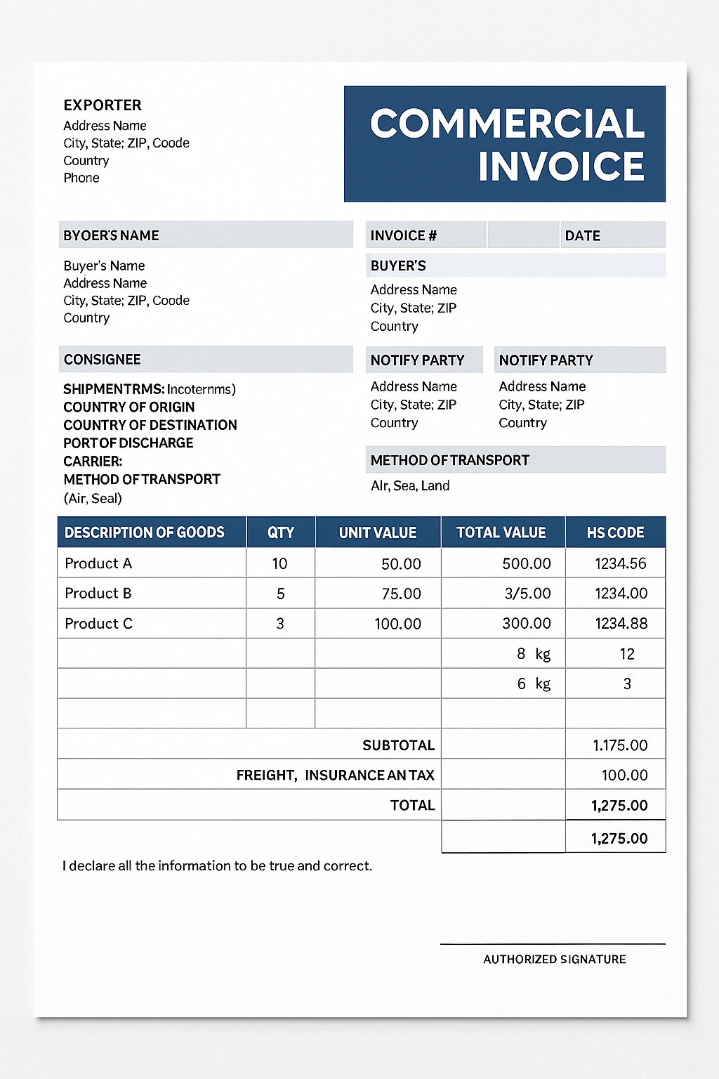 Commercial Invoice Excel Template For Export Billing Commercial Invoice Excel Template For Export Billing