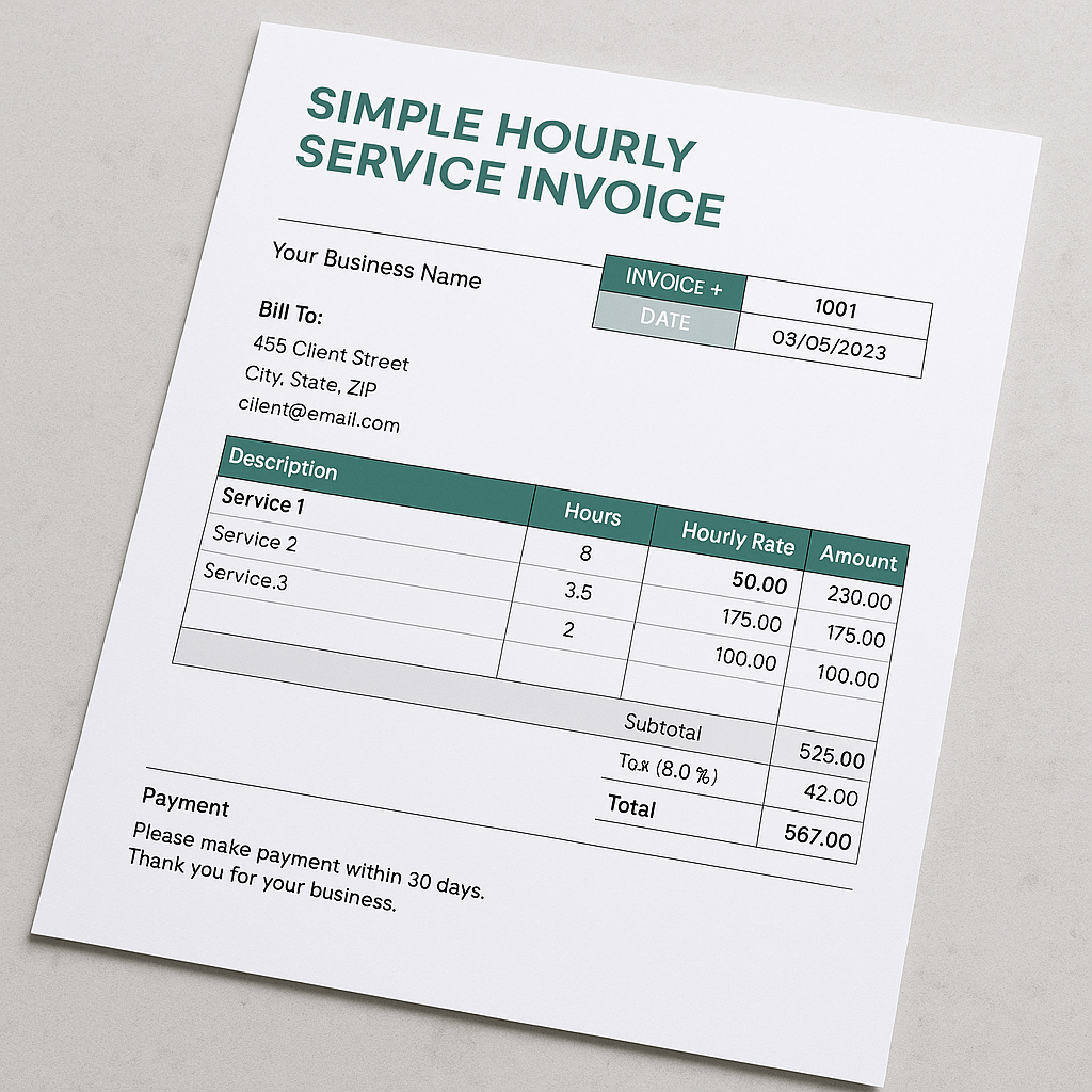 Simple Hourly Service Invoice Template Excel Feature image