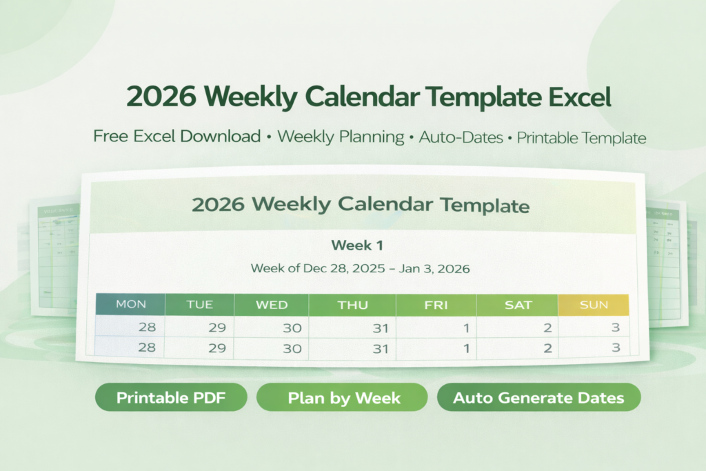 Feature image of 2026 Weekly Calendar Excel Template by Excelguru