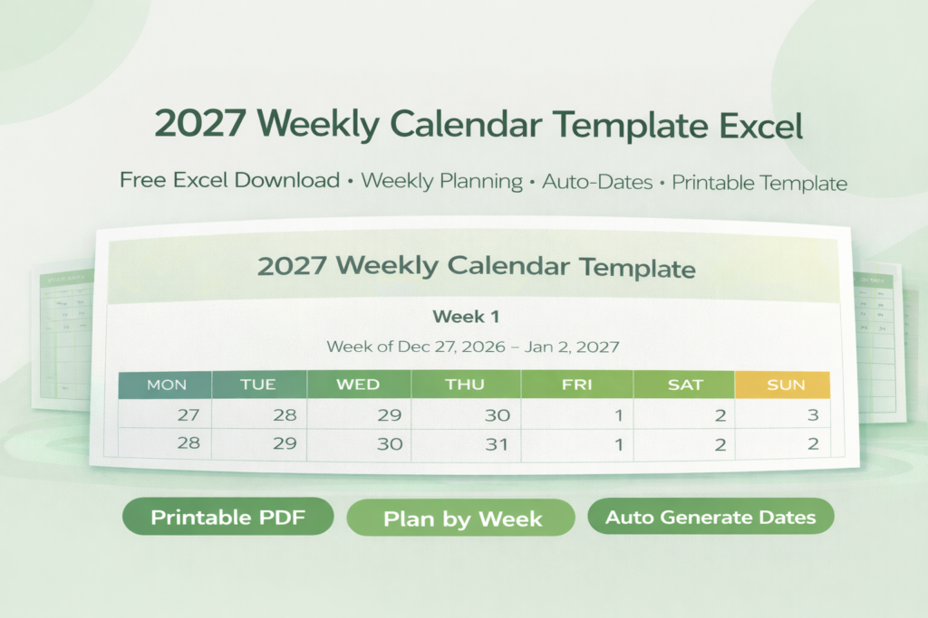 2027 Weekly Calendar Excel Template