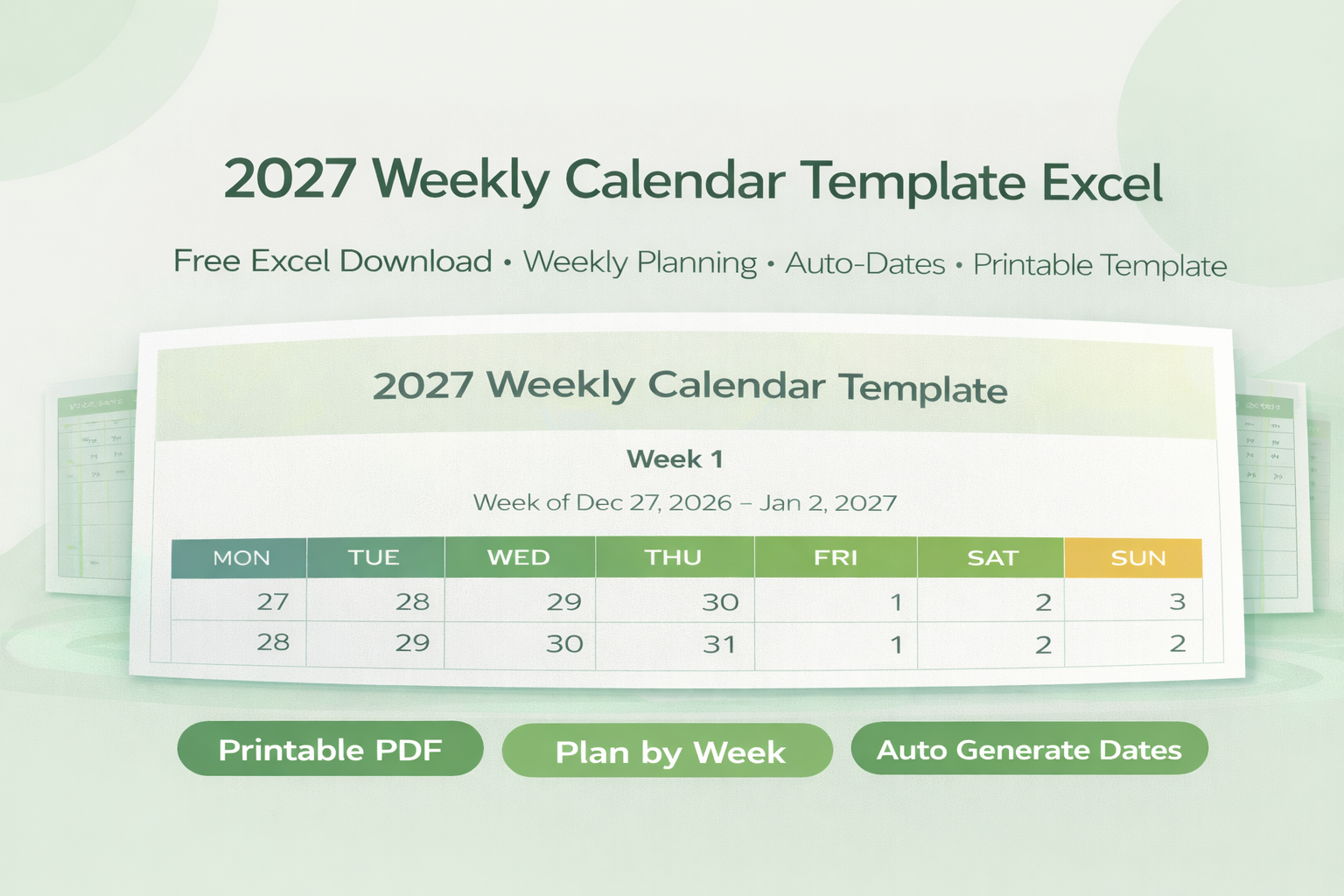 2027 Weekly Calendar Excel Template