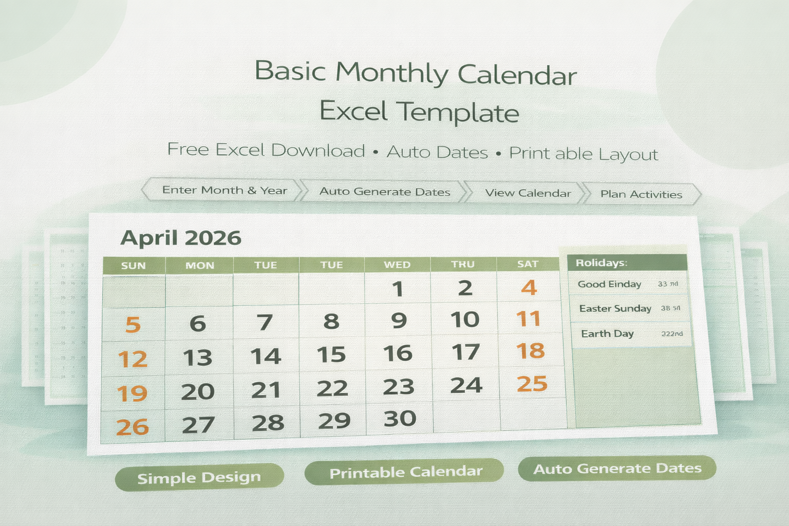 Basic Monthly Calendar Excel Template (Free Download)