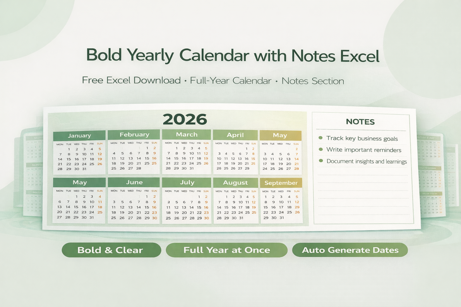 Bold Yearly Calendar Template with Notes