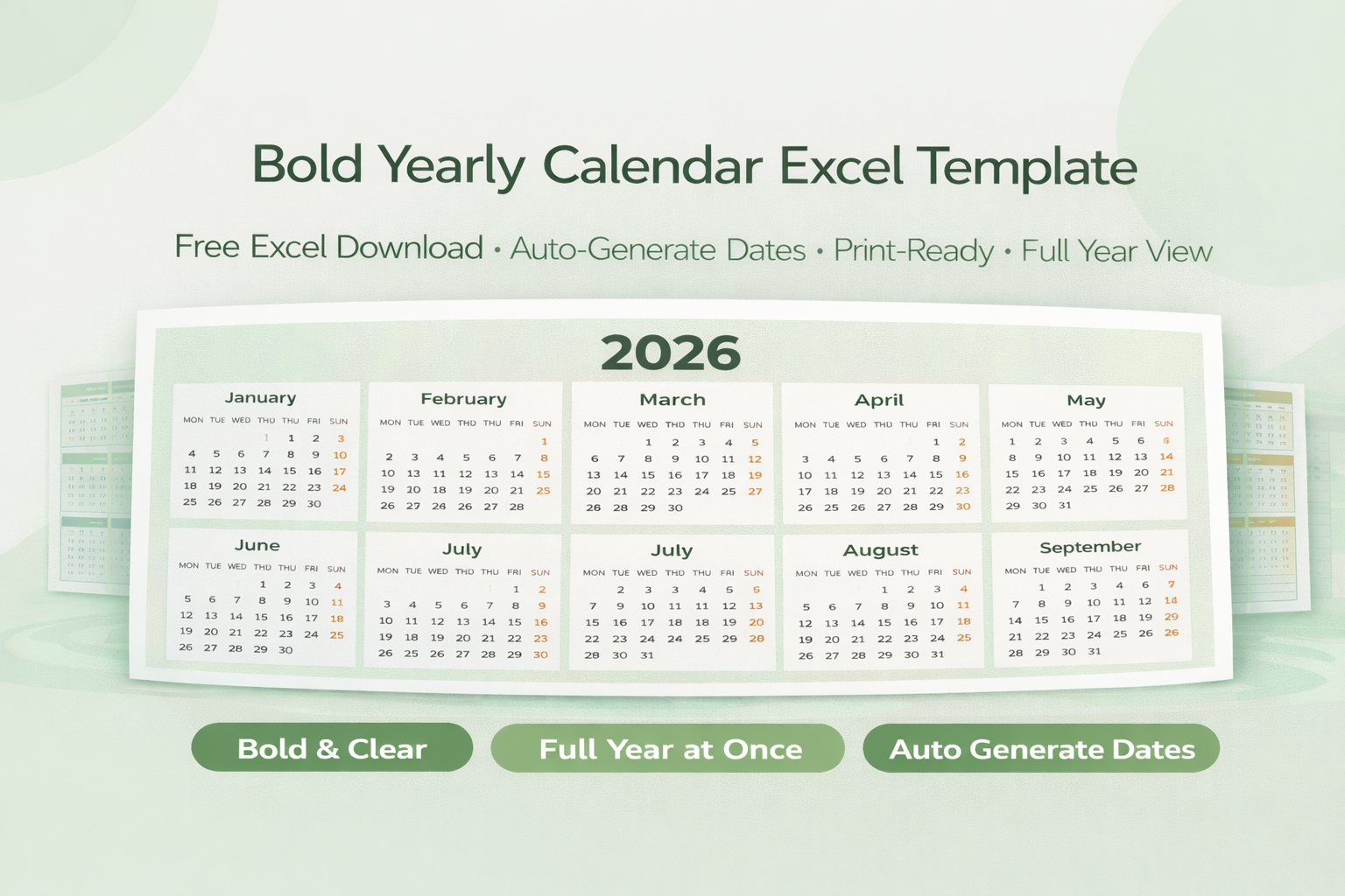 Feature image for bold yearly calendar template in Excel by ExcelGuru.