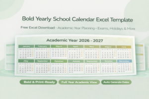 School Yearly Calendar Excel Template (Bold Layout Free)