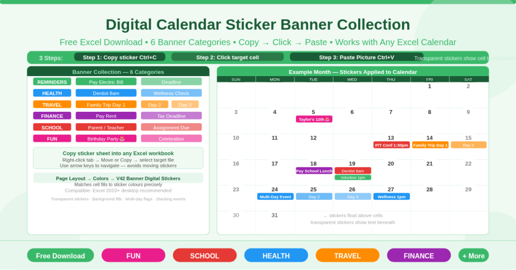 Free Excel digital calendar stickers showing six colour-coded banner categories — Reminders, Health, Travel, Finance, School, and Fun — ready to copy and paste onto any Excel calendar.
