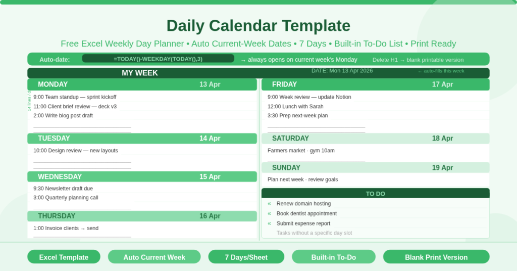 Free Excel daily calendar template showing Monday through Sunday with auto-filled current week dates, large daily writing space, and a to-do list section.