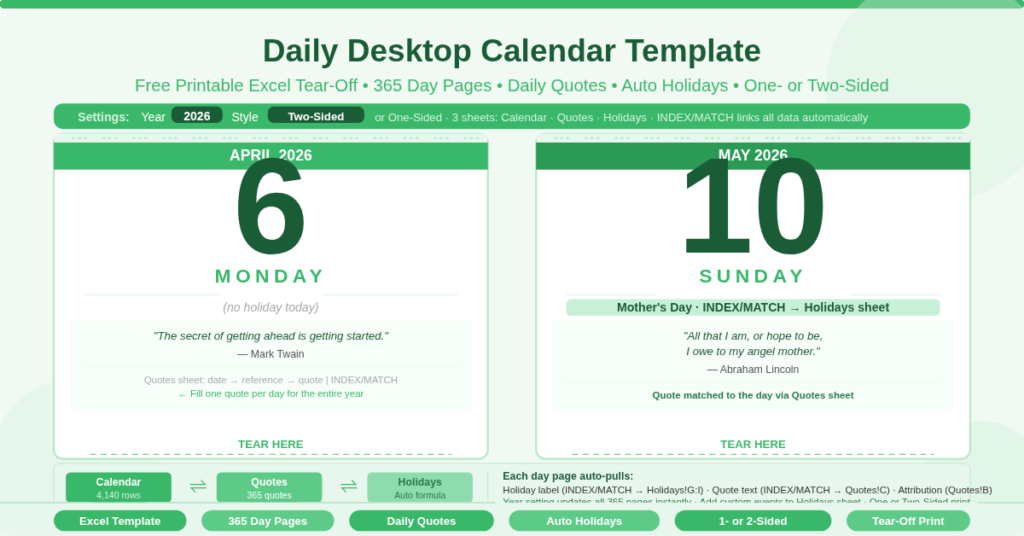Free printable Excel daily desktop calendar template showing a single day page with large date, holiday label, and daily inspirational quote — ready to print as a tear-off desk calendar.