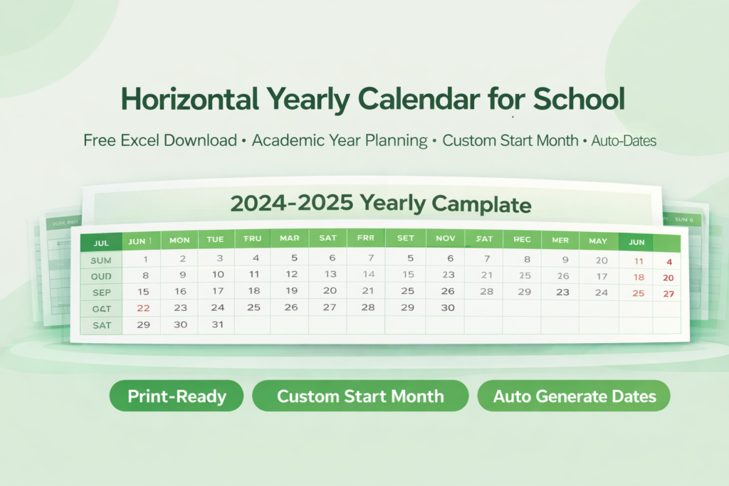 Horizontal Yearly Calendar for School (Excel Free Download)