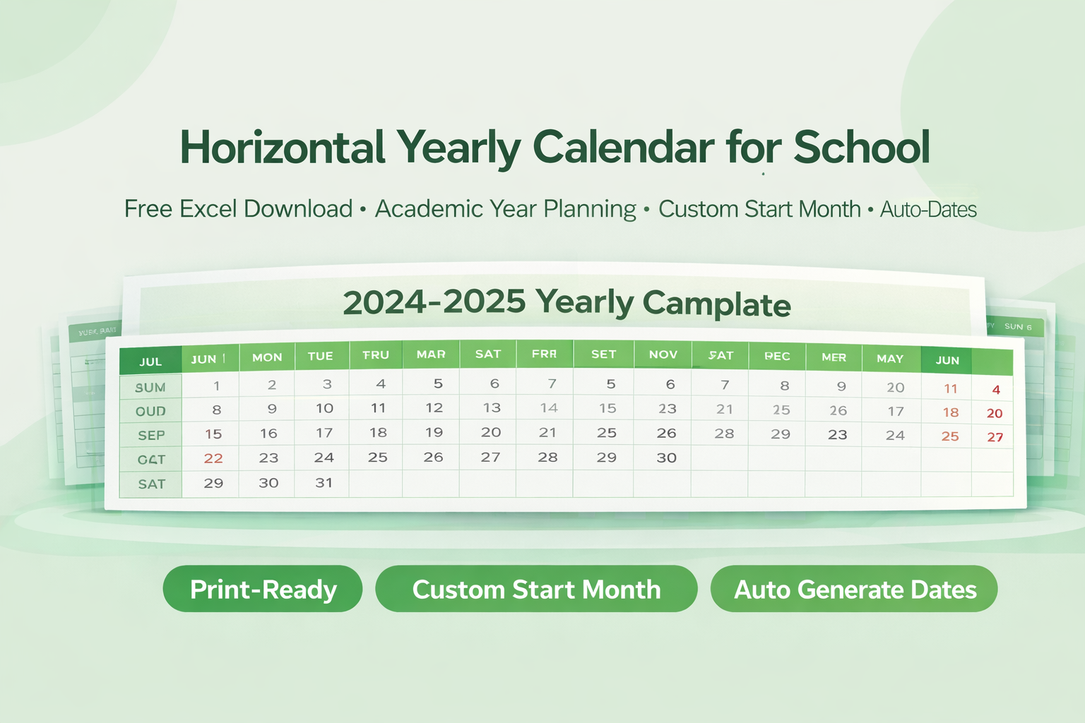 Horizontal Yearly Calendar for School (Excel Free Download)