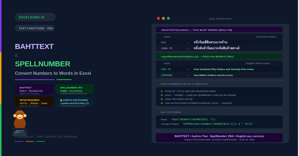 Learn how to use BAHTTEXT for Thai currency words and the SpellNumber VBA function for English number-to-words conversion in Excel. Full VBA code, setup steps, and 8 practical examples including cheques and invoices.