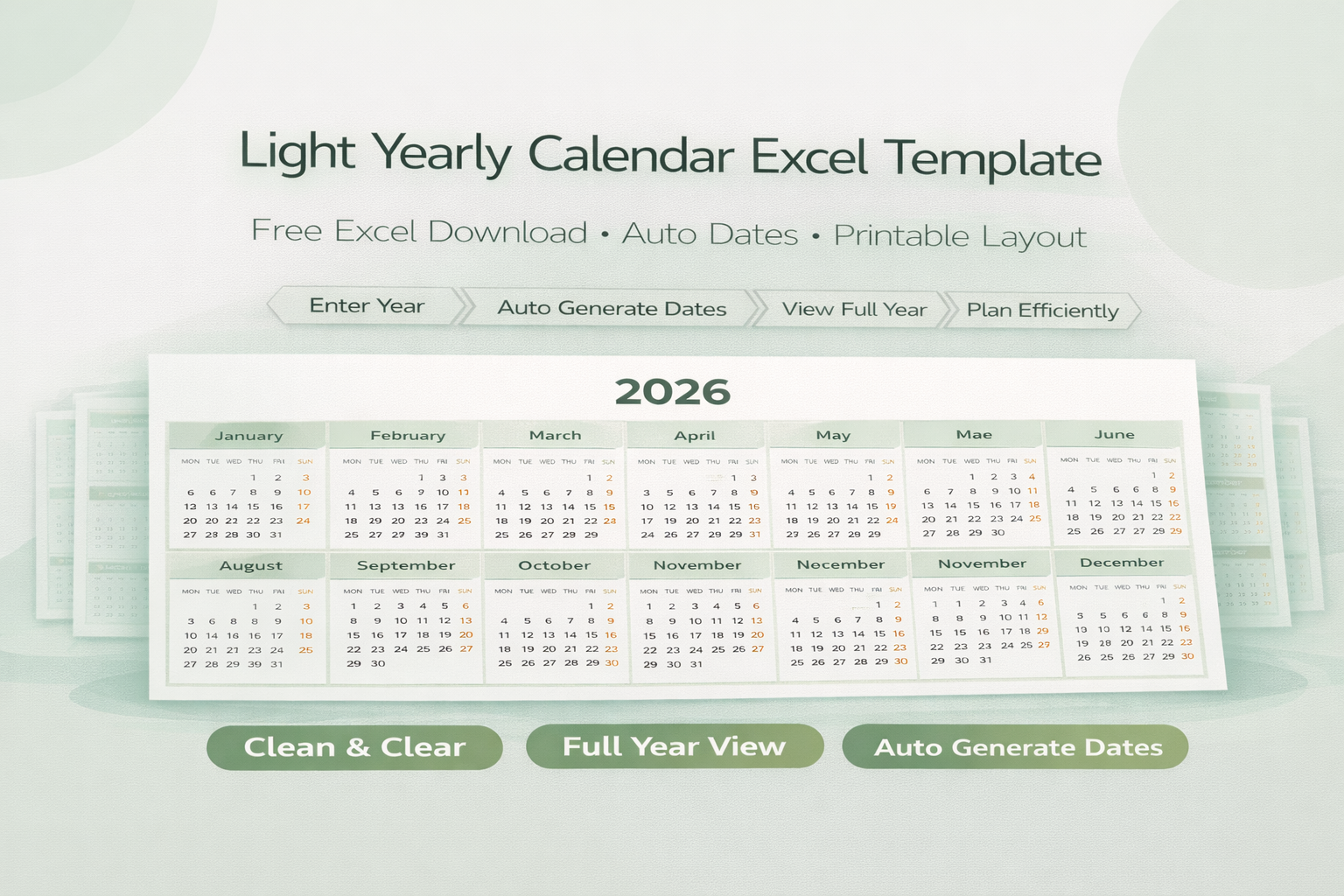 Light Yearly Calendar Excel Template (Free Download)