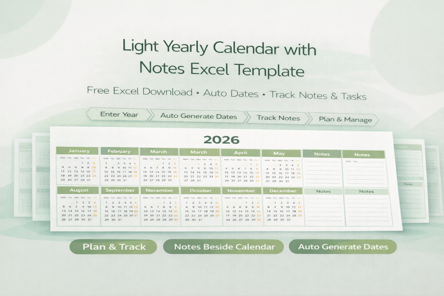 Light Yearly Calendar with Notes Excel Template Feature Image