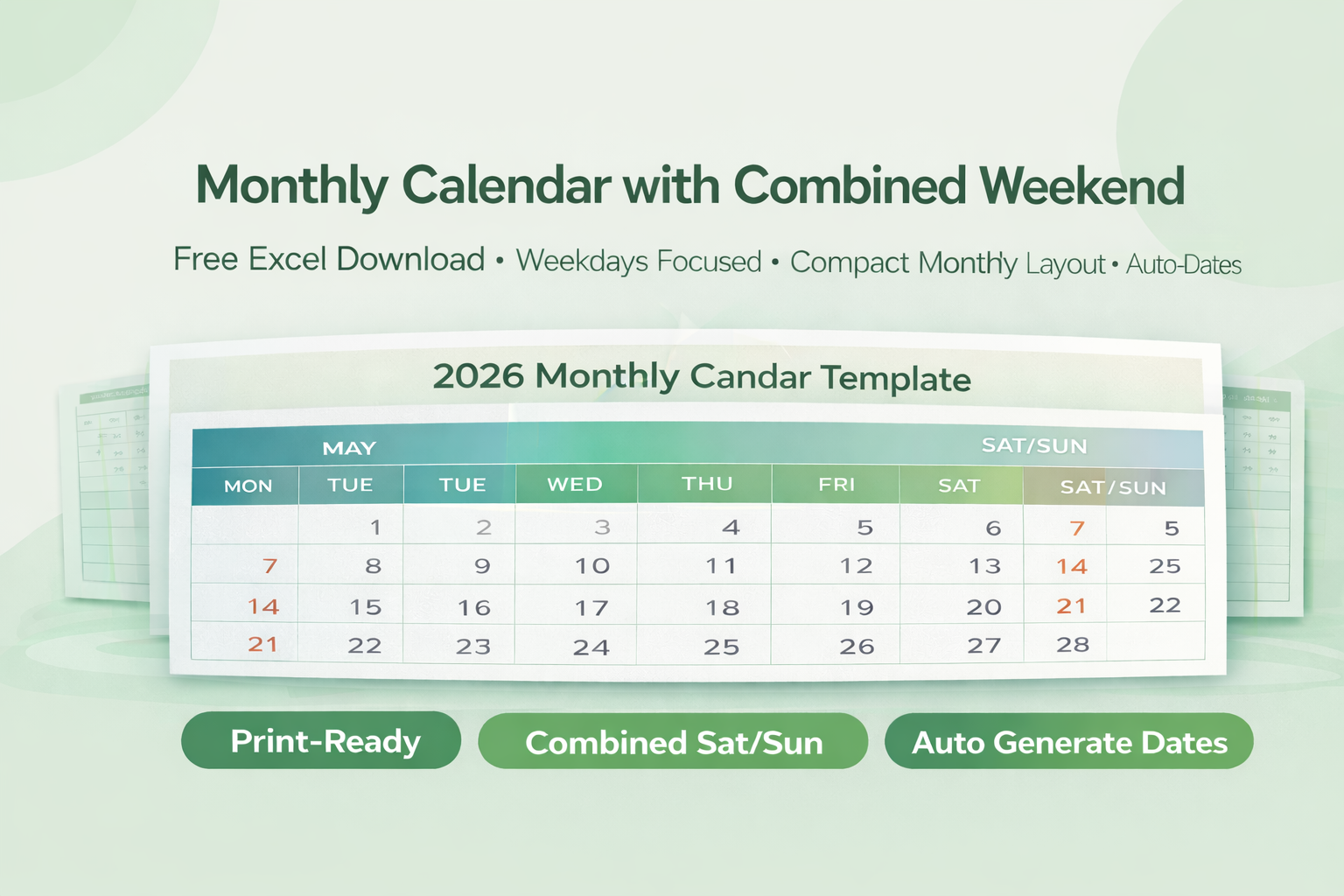 Monthly Calendar with Weekend Template (Free Download)