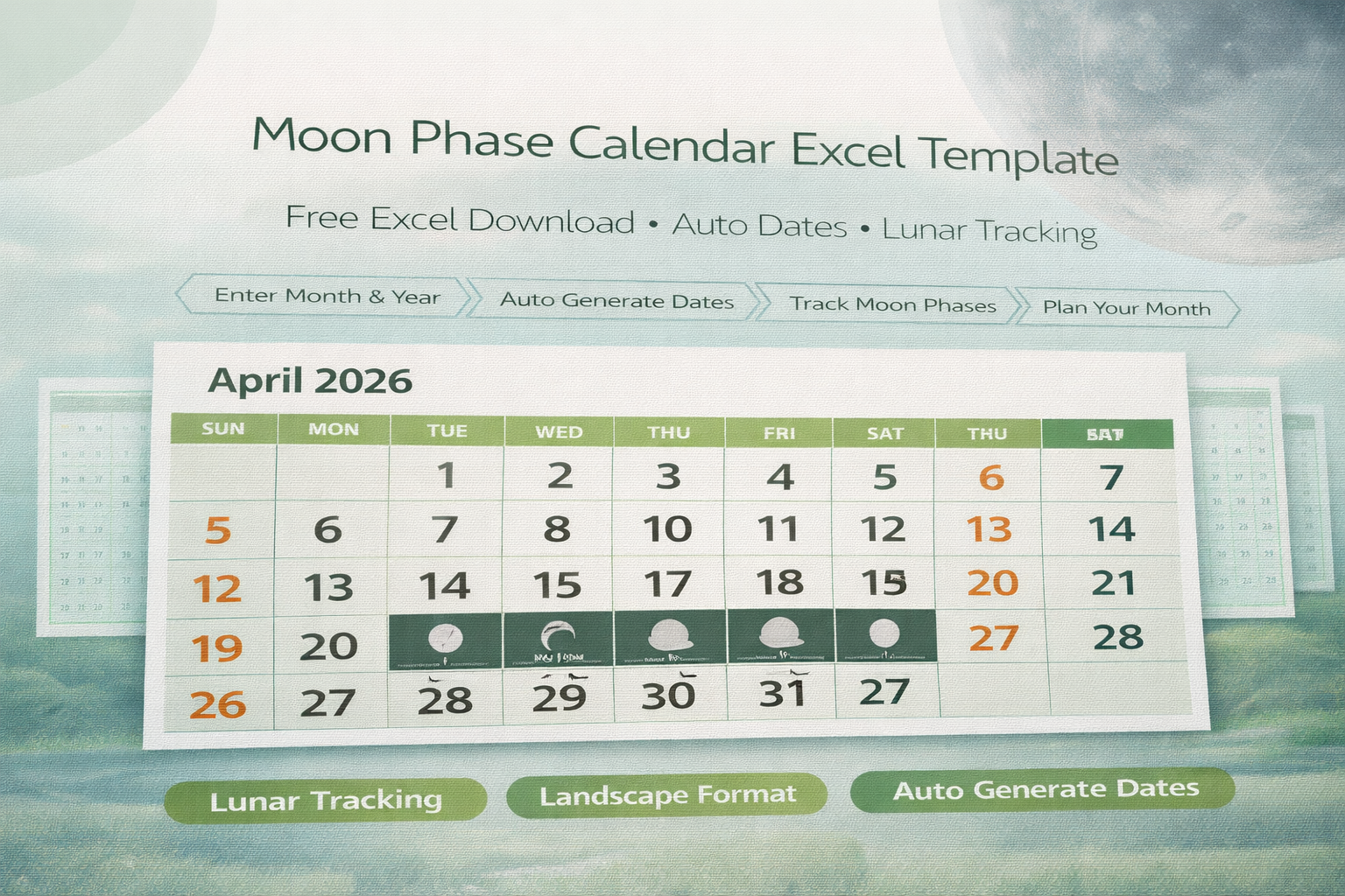 Moon Phase Calendar Landscape Excel Template (Free Download)