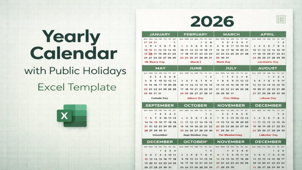 Excel template for Yearly Calendar with Public Holidays Feature Image