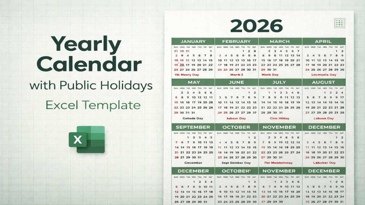 Excel template for Yearly Calendar with Public Holidays Feature Image