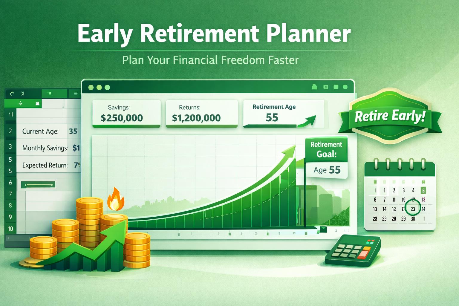 Feature image for early retirement planner blogpost and tool by ExcelGuru