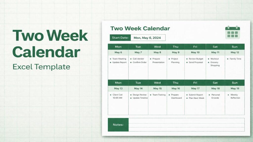 Feature Image for Two Weeks Calendar Template in Excel By ExcelGuru