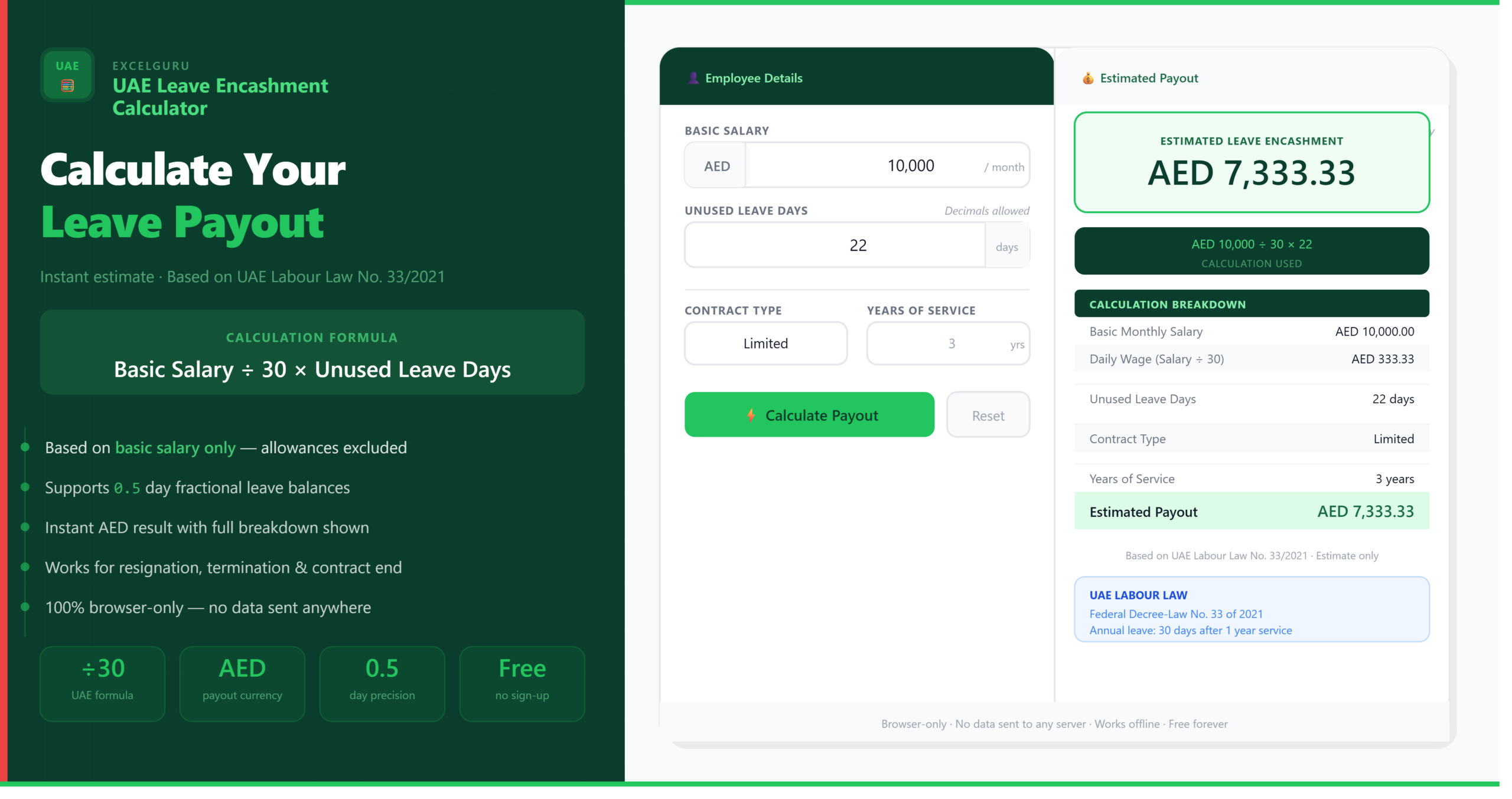 UAE Leave Encashment Calculator for calculating unused annual leave salary basic pay employment benefits and payroll estimates