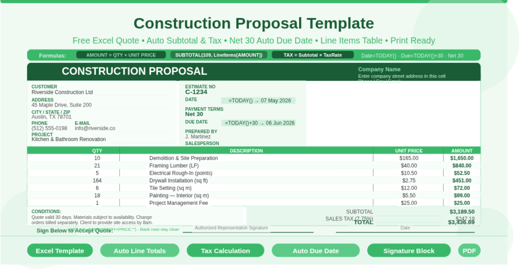 Free Excel construction proposal template showing company info panel, client details, a line item table with quantity, description, unit price and auto-calculated amounts, plus subtotal, tax, and total.
