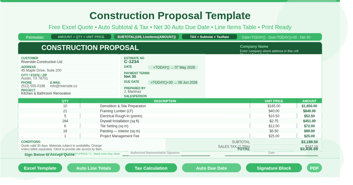 Free Excel construction proposal template showing company info panel, client details, a line item table with quantity, description, unit price and auto-calculated amounts, plus subtotal, tax, and total.