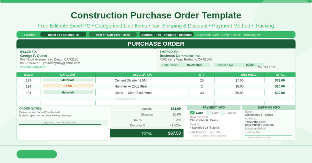 Free editable Excel construction purchase order template showing Billed To and Shipped To panels, categorised line items for cement, hammer, and glass, with subtotal, tax, shipping, and discount totals.